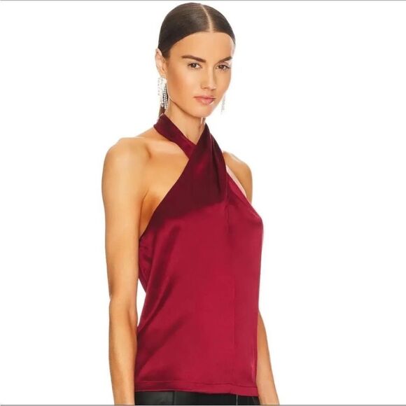 Theory NWT Ertil Convertible Cross Front Plunge Silk Halter Top Red Dahlia L - Picture 6 of 12